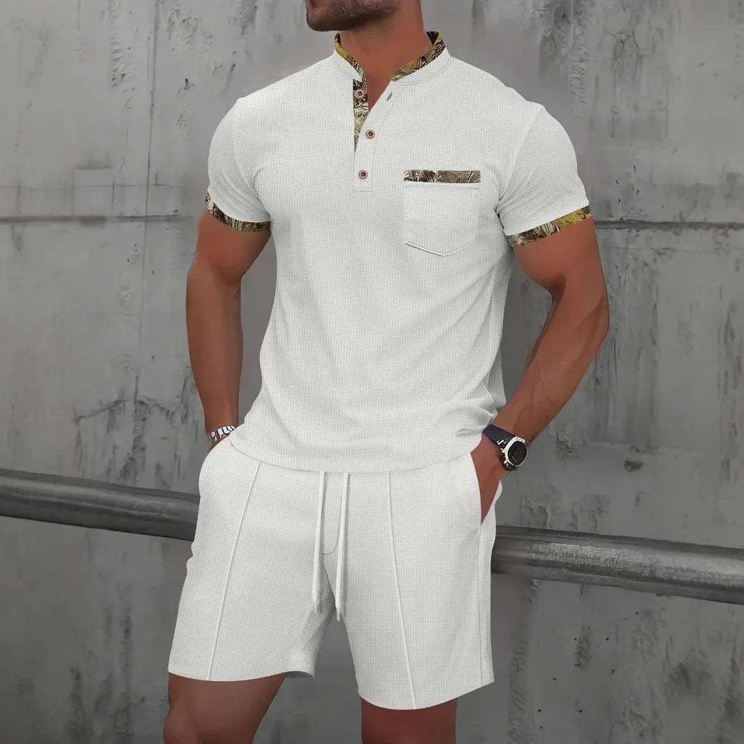 Waffle zip-up lapel short-sleeve suit shorts set - Palm and Thread