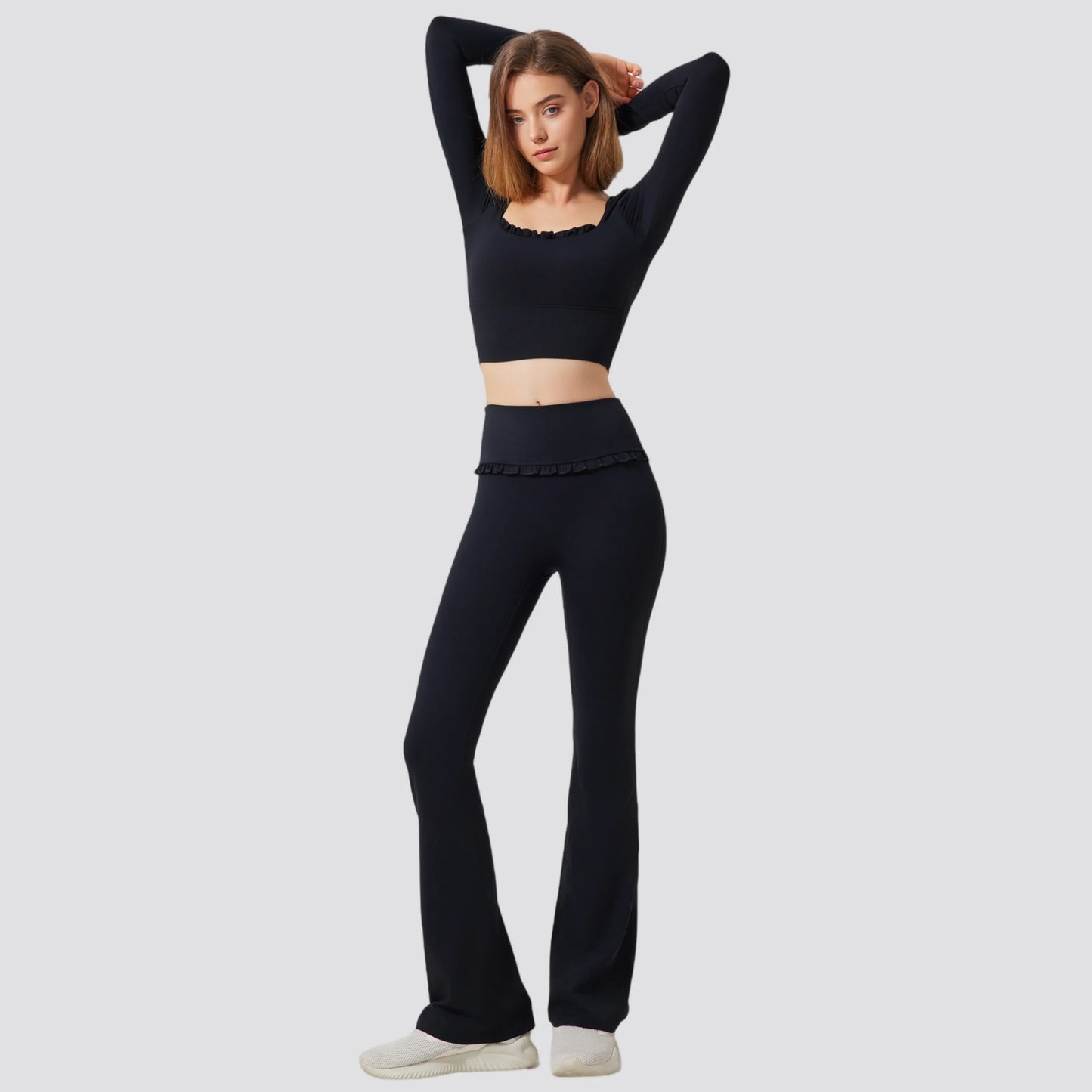 Padded Long Sleeve Crop Top & High Waist Flared Leggings