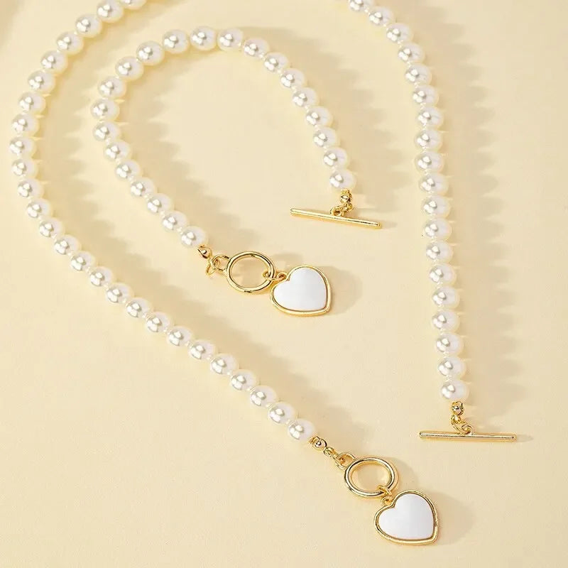 2 Pcs Pearl Necklace Bracelet Jewelry Set - Palm and Thread