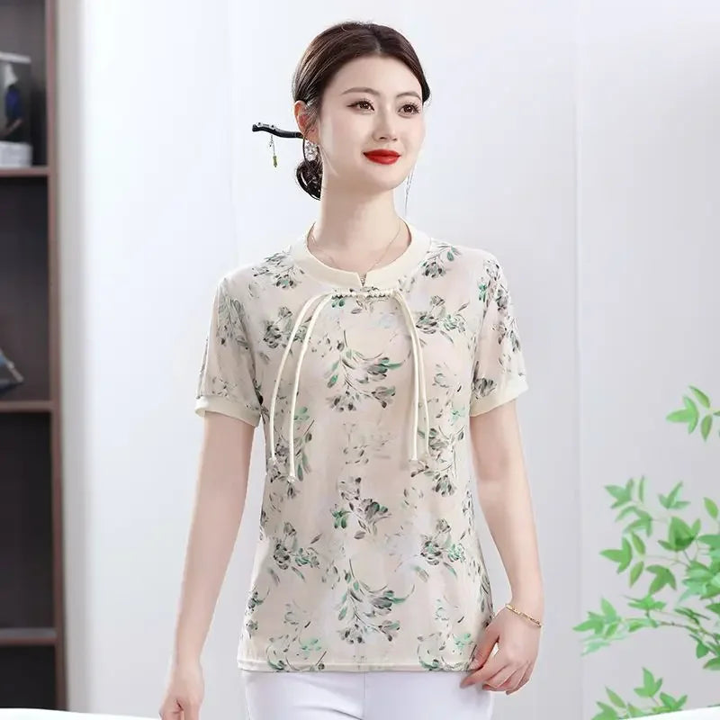 New Short Sleeve Loose Top Elegant National Style - Palm and Thread