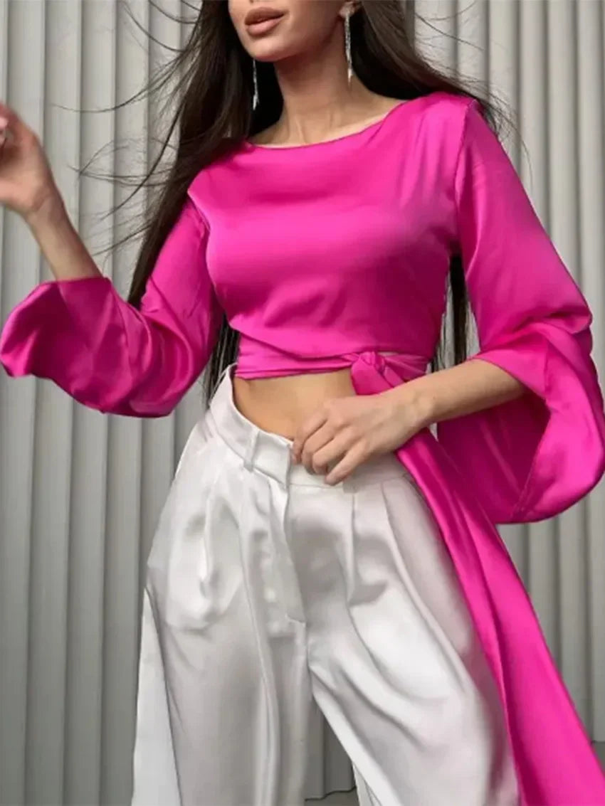 White Satin V-Neck Long Sleeve Shirt - Palm and Thread