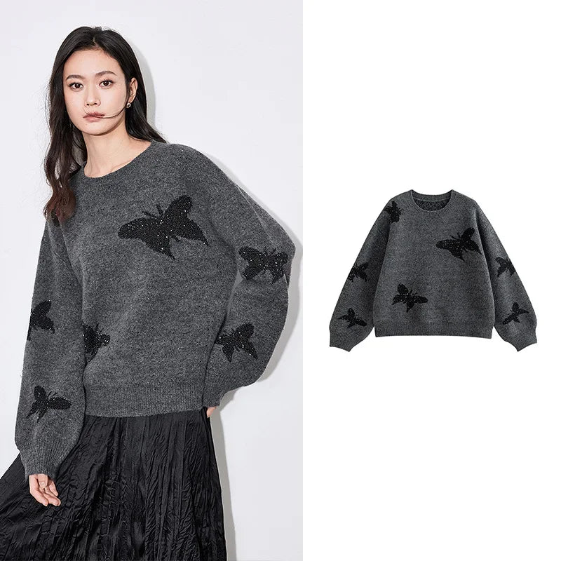 New Jacquard Butterfly Bead Pullover Top - Palm and Thread