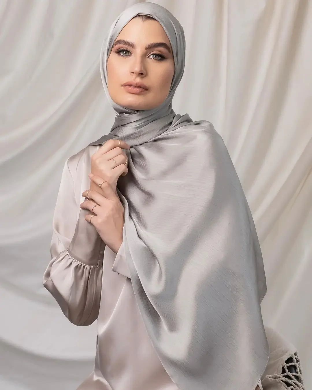 Long Trendy Silk Crepe Satin Crinkle Hijab Headscarf - Palm and Thread