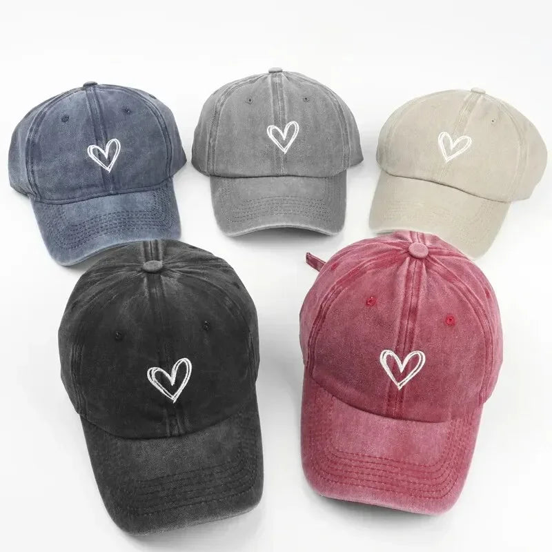 Versatile Peach Heart Embroidery Washed Old Baseball Hat - Palm and Thread