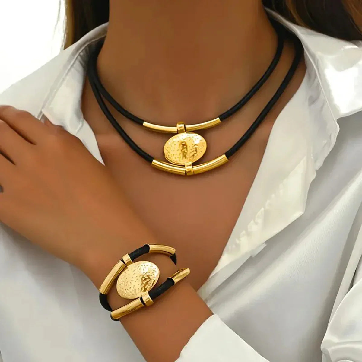 Vintage Oval Faux Leather Necklace Bracelet set - Palm and Thread