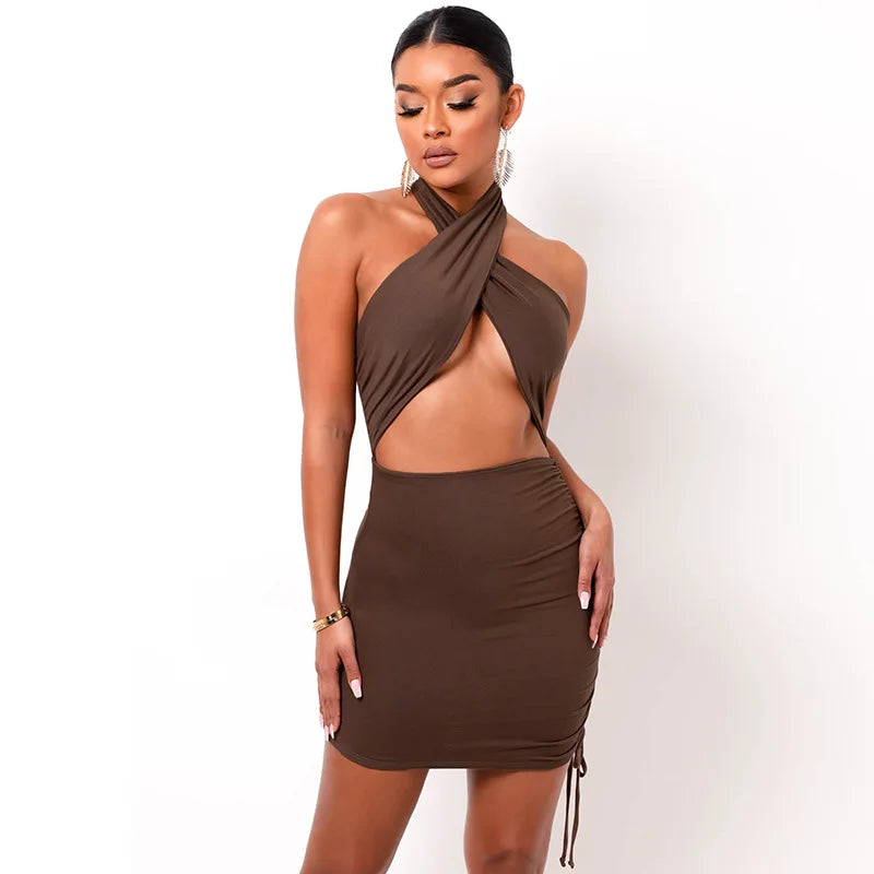 Sexy Brown Cross Halter Cut-Out Mini Dress