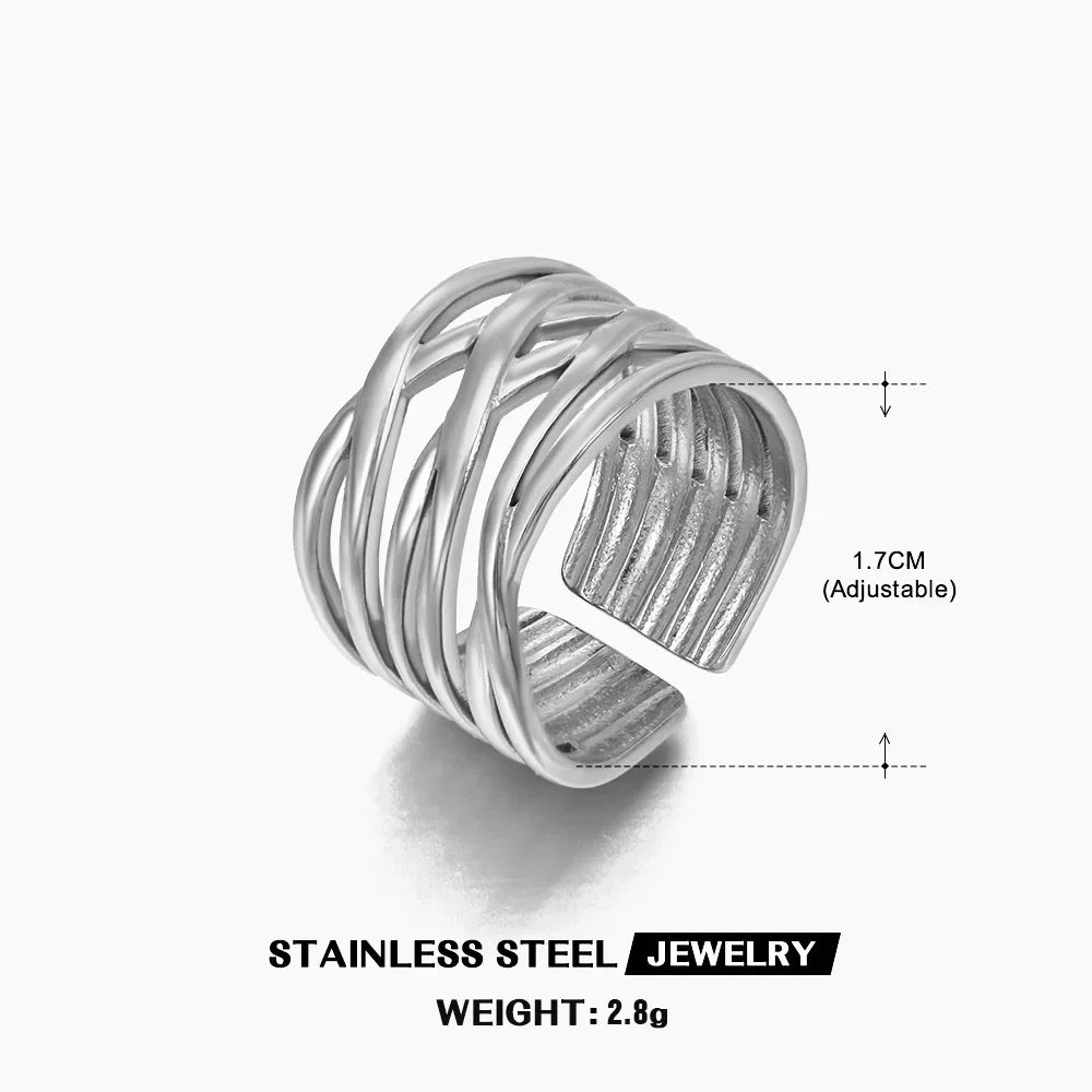 Multiple Styles Stainless Steel Geometric Texture Wide Ring - Palm and Thread