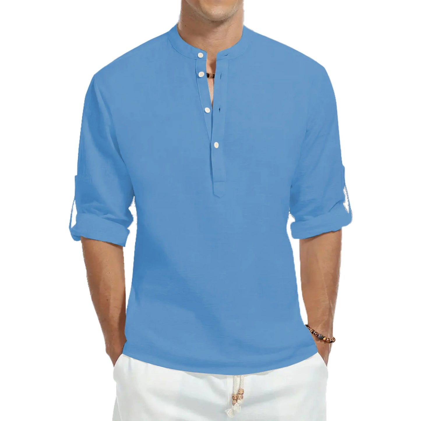 Loose cotton fashionable stand-up collar solid color long-sleeved T-shirt