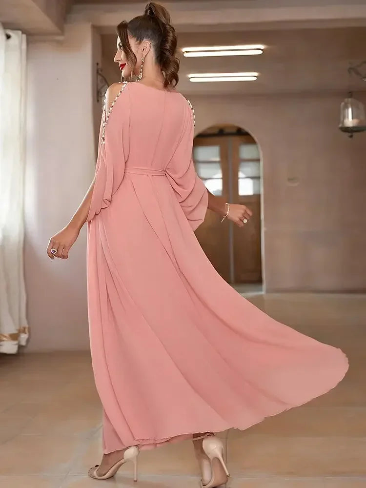 Off Shoulder Pink Diamond Beads Abaya - Palm and Thread