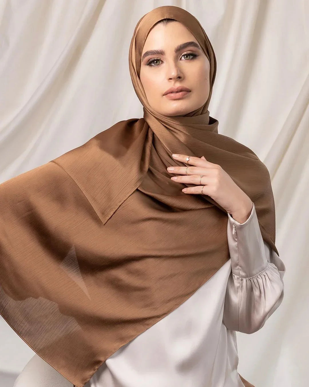 Long Trendy Silk Crepe Satin Crinkle Hijab Headscarf - Palm and Thread