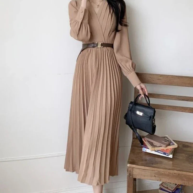 Solid V-Neck Long Sleeve Dress - Palm and Thread