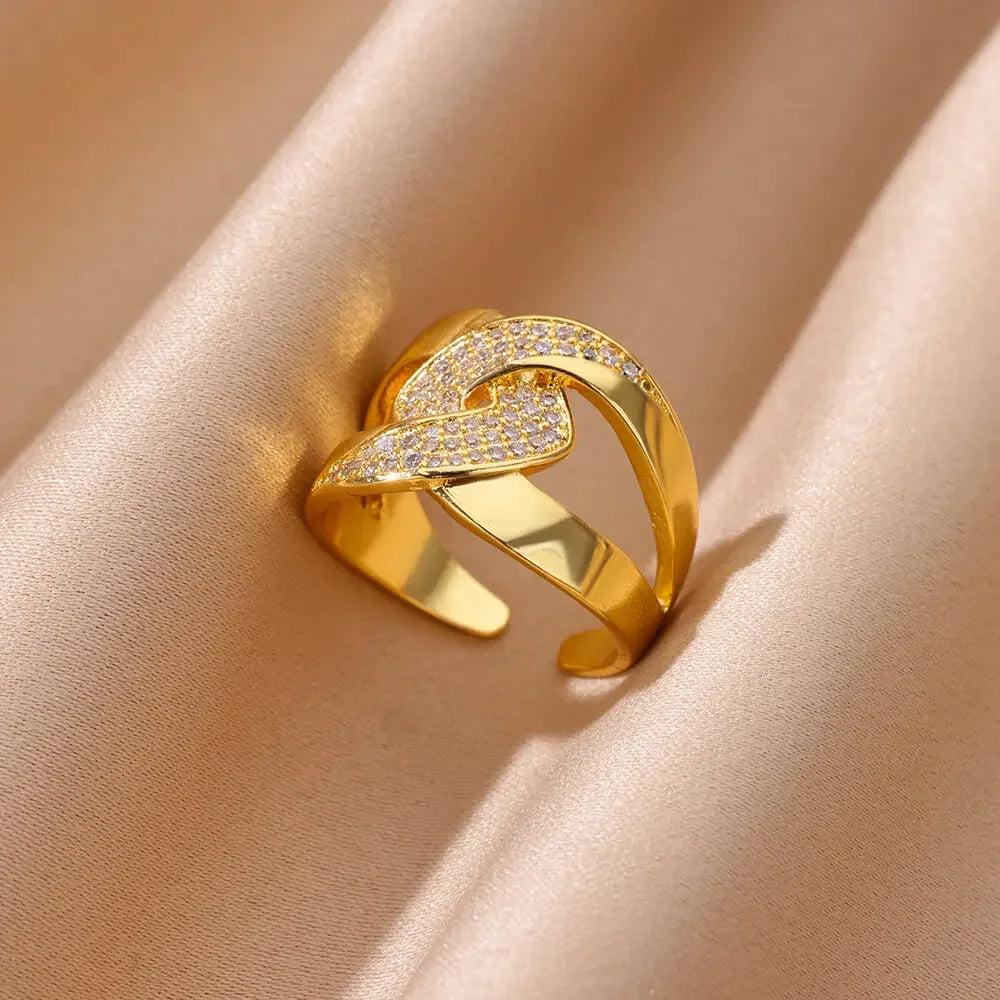 Zircon Cristal Geometric Stainless Steel Gold Color Adjustable Finger Ring - Palm and Thread