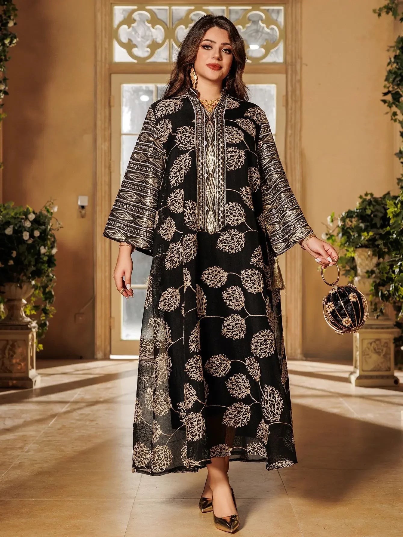 Embroidered Abaya with Gold Detailing Ideal for Formal Occasions - Palm and Thread