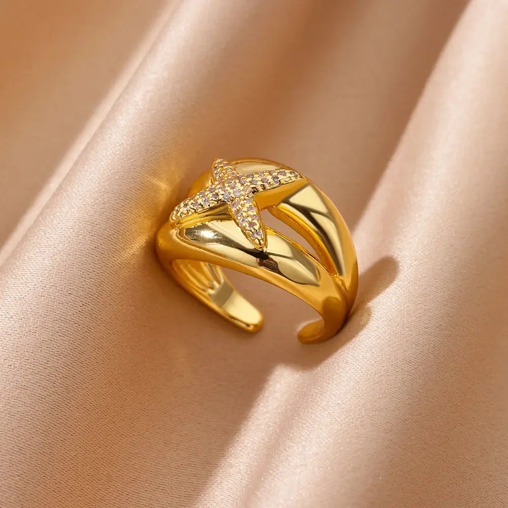 Zircon Cristal Geometric Stainless Steel Gold Color Adjustable Finger Ring - Palm and Thread