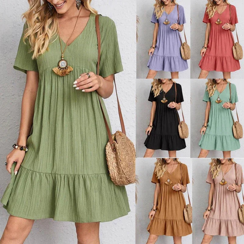 Loose V-neck Short Sleeved Pleated Dress - Palm and Thread