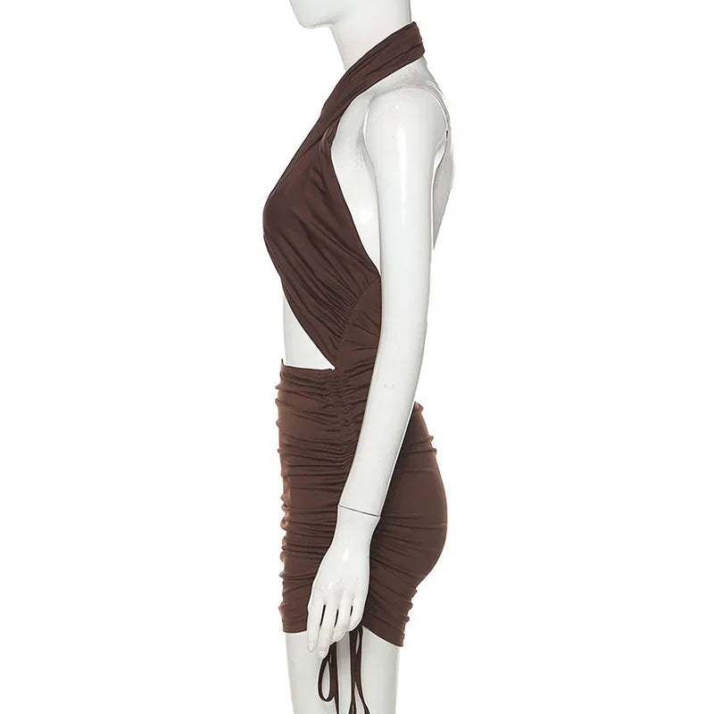 Sexy Brown Cross Halter Cut-Out Mini Dress