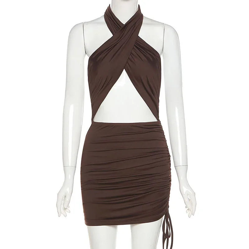 Sexy Brown Cross Halter Cut-Out Mini Dress