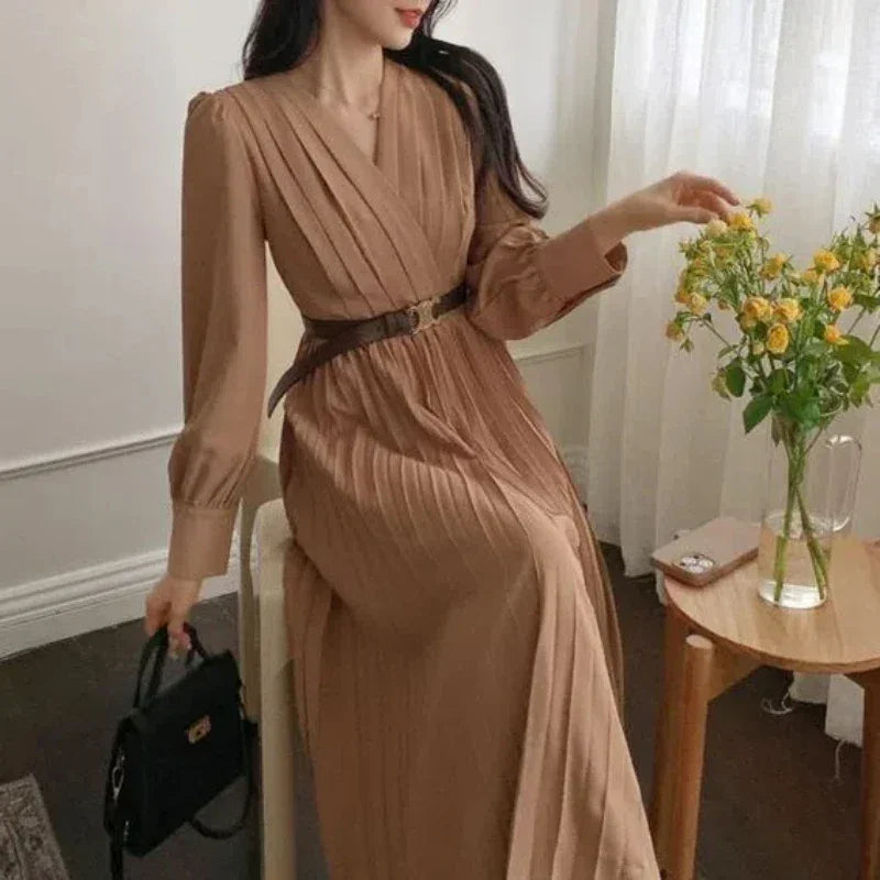 Solid V-Neck Long Sleeve Dress - Palm and Thread