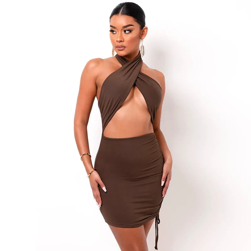 Sexy Brown Cross Halter Cut-Out Mini Dress