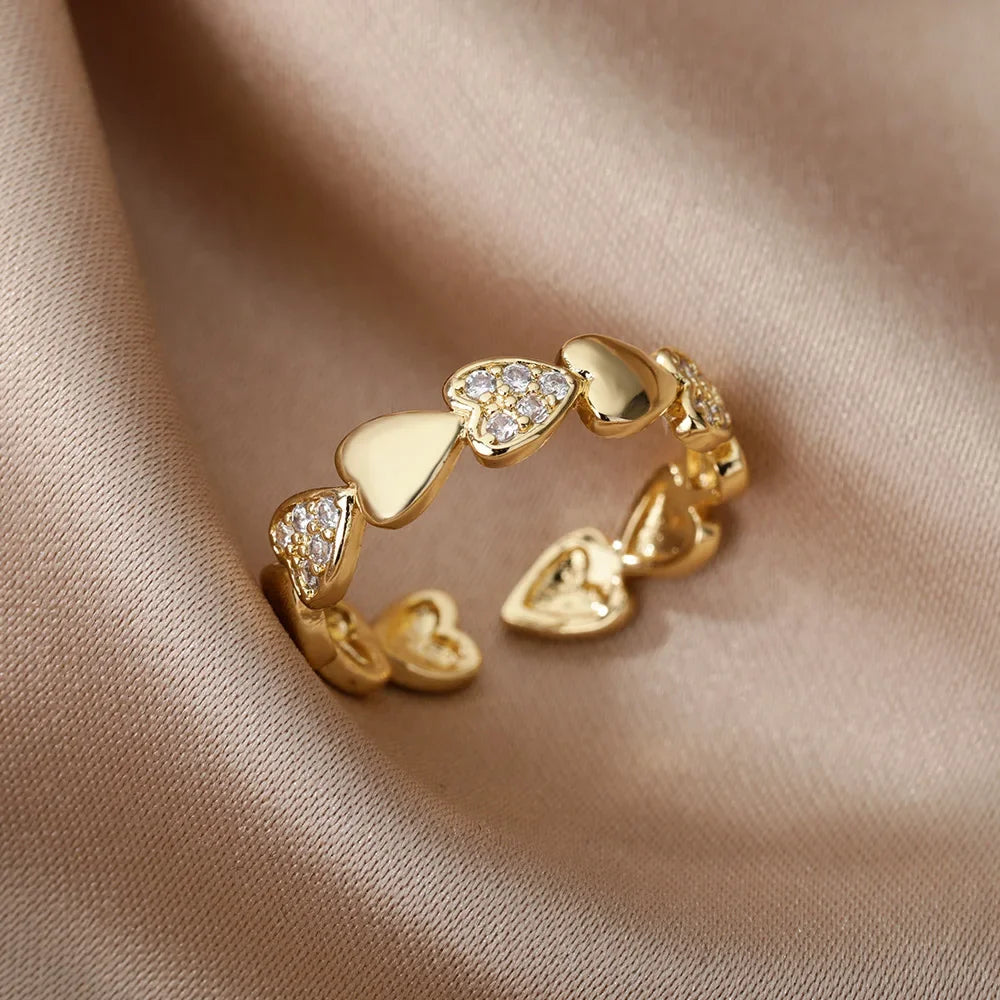 Zircon Heart Stainless Steel Gold Color Geometric Open Finger Ring - Palm and Thread