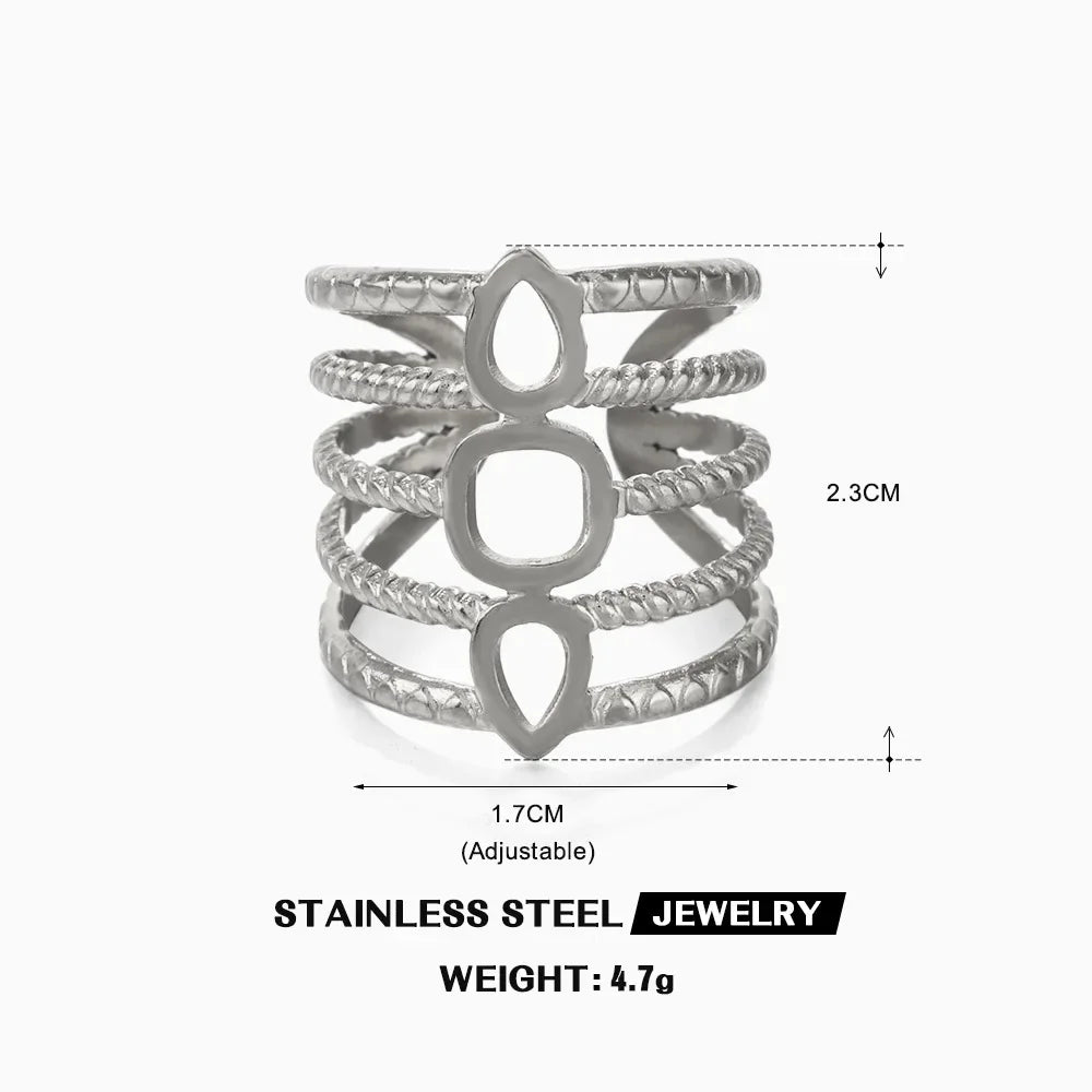 Multiple Styles Stainless Steel Geometric Texture Wide Ring - Palm and Thread