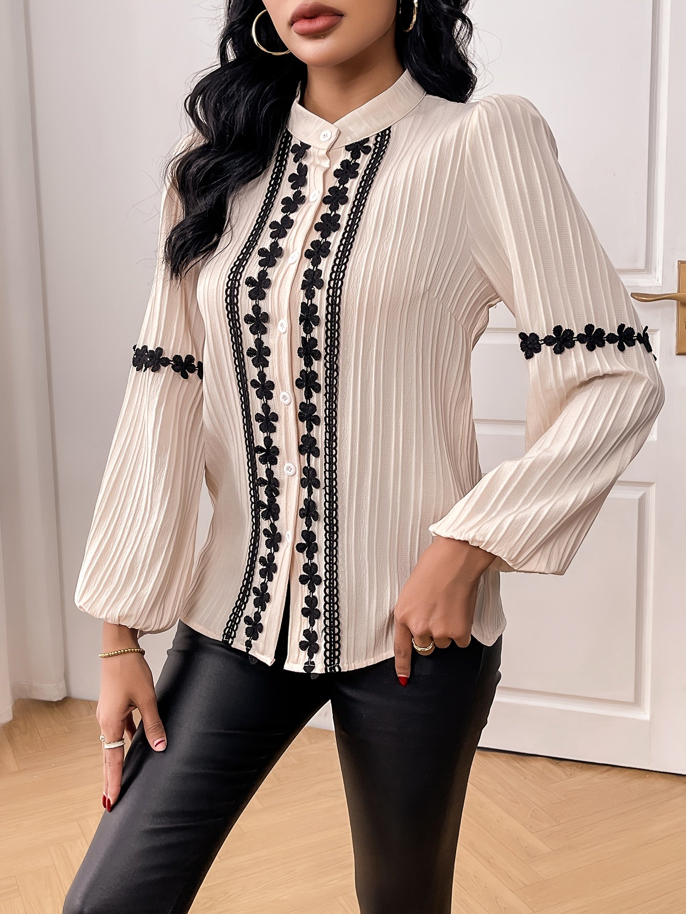 Lace-Trimmed Lantern Sleeve Blouse - Palm and Thread