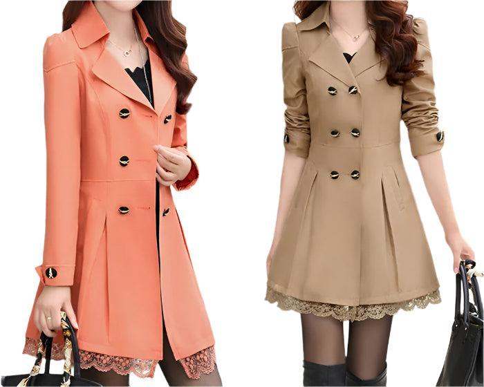 Fashion Double Breasted Windbreaker Trench Coat Mid-Long Lace Stitching Coat Top - Palm and Thread