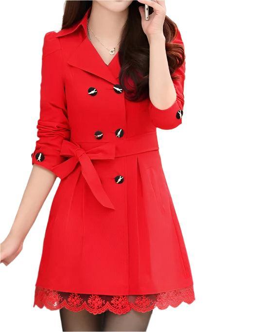 Fashion Double Breasted Windbreaker Trench Coat Mid-Long Lace Stitching Coat Top - Palm and Thread