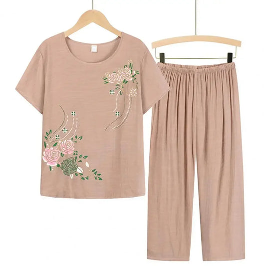 Homewear Set Short Sleeve Floral Print T-shirt Pants Loose Two Pieces Pajama Set - Palm and Thread