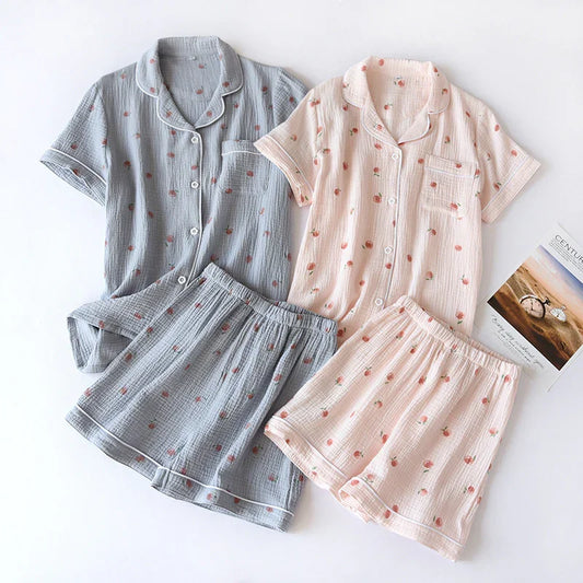 Short-sleeved Shorts Cotton Crepe Two-piece Pajamas - Palm and Thread