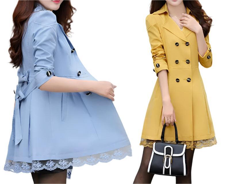 Fashion Double Breasted Windbreaker Trench Coat Mid-Long Lace Stitching Coat Top - Palm and Thread