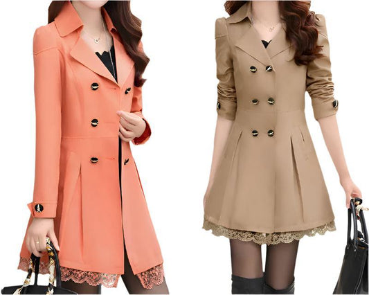 Fashion Double Breasted Windbreaker Trench Coat Mid-Long Lace Stitching Coat Top - Palm and Thread