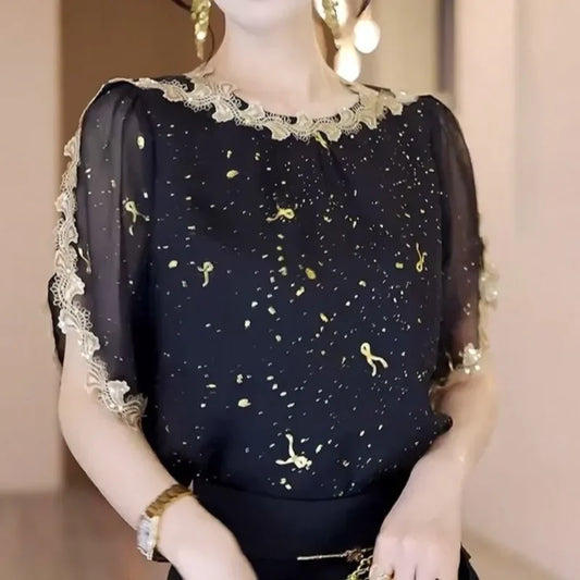 Elegant Thin Casual All-match Black Sheer Blouse - Palm and Thread