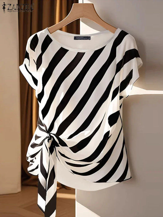Striped Printed Loose Belted Tunic Top - Palm and Thread