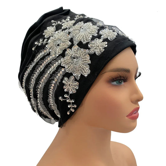 Luxury Embroidery Beading Pleated Turban Cap - Palm and Thread
