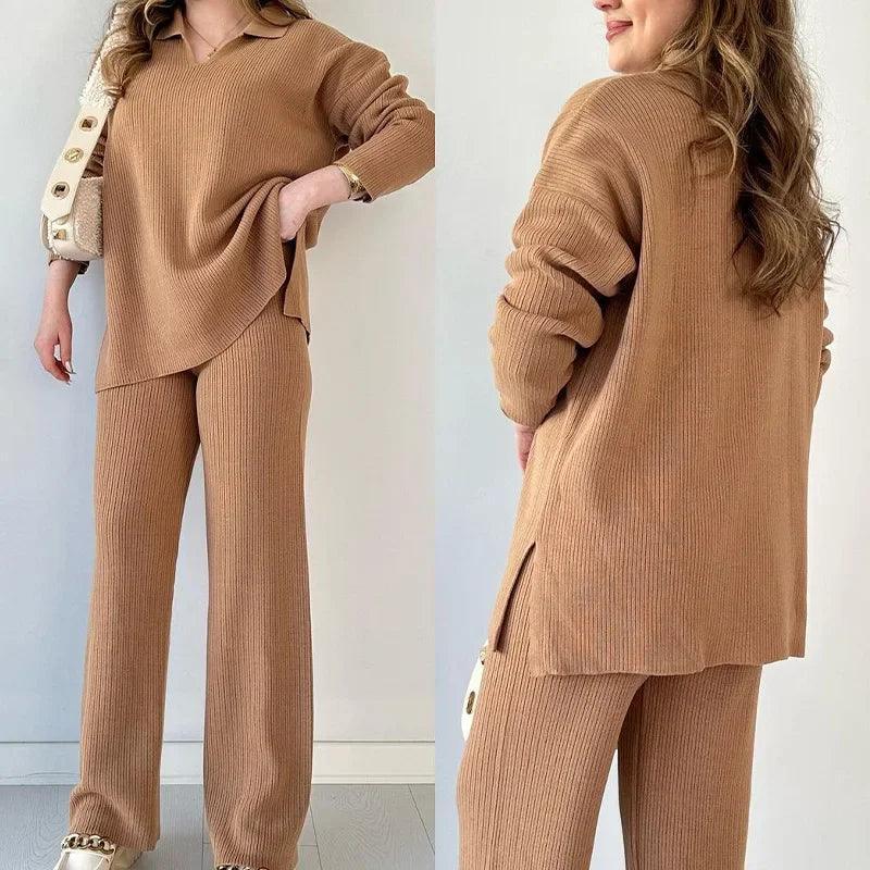 Two Piece Pant Sets Knit Sweater V Neck Full Sleeve Splice Loose Fit Trousers Matching Sets - Palm and Thread