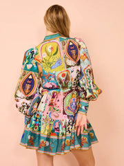 printed round neck cinched waist dress - Palm and Thread