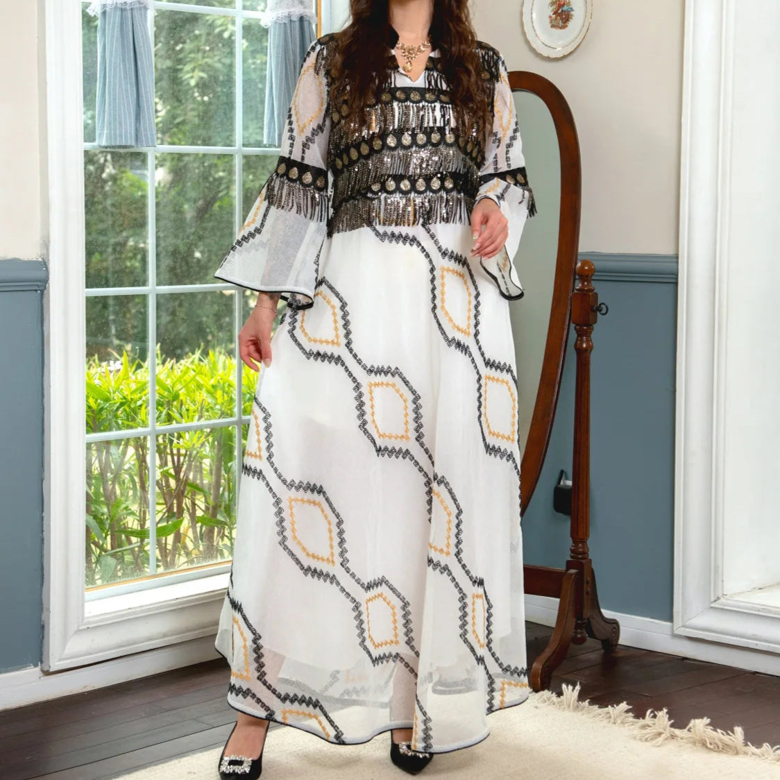 Sequins Embroidery Maxi Dress Abaya - Palm and Thread