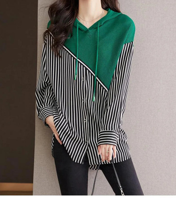 Fashion Striped Patchwork Hooded Shirt Top - Palm and Thread