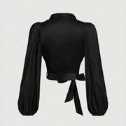 Elegant Plain Lace-Up V-Neck Skinny Fit Blouse - Palm and Thread