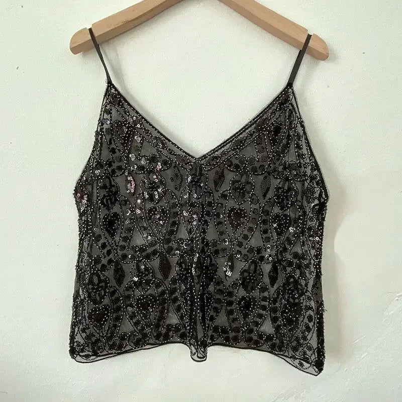 Sequin Bead Sling Slim Fit Straight Tank Top - Palm and Thread