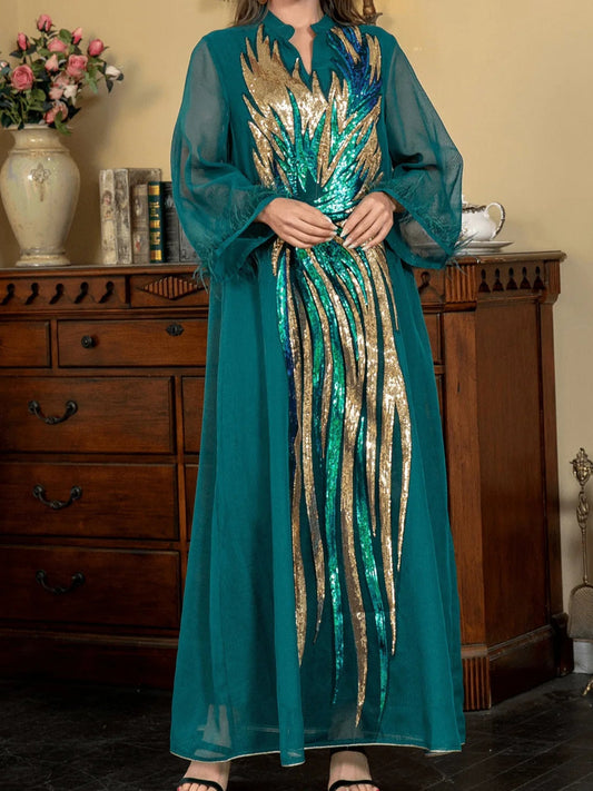 Robe V-neck Long-sleeved Dark Green Abaya - Palm and Thread