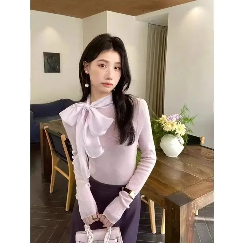 Temperament Bow Tie Long Sleeve Knitted Top - Palm and Thread