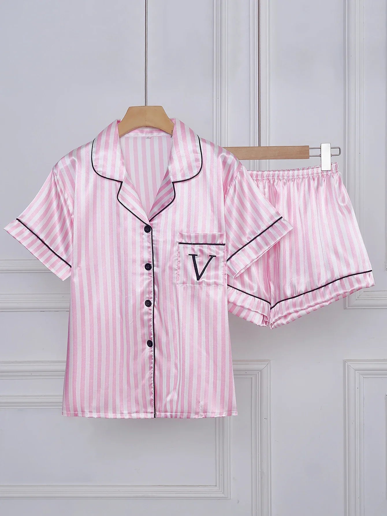Striped Embroidered Letter Pocket Short Sleeve and Shorts Pajama Set - Palm and Thread