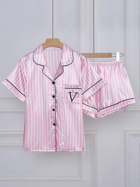 Striped Embroidered Letter Pocket Short Sleeve and Shorts Pajama Set - Palm and Thread