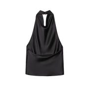 Halter Black Satin Backless Top - Palm and Thread