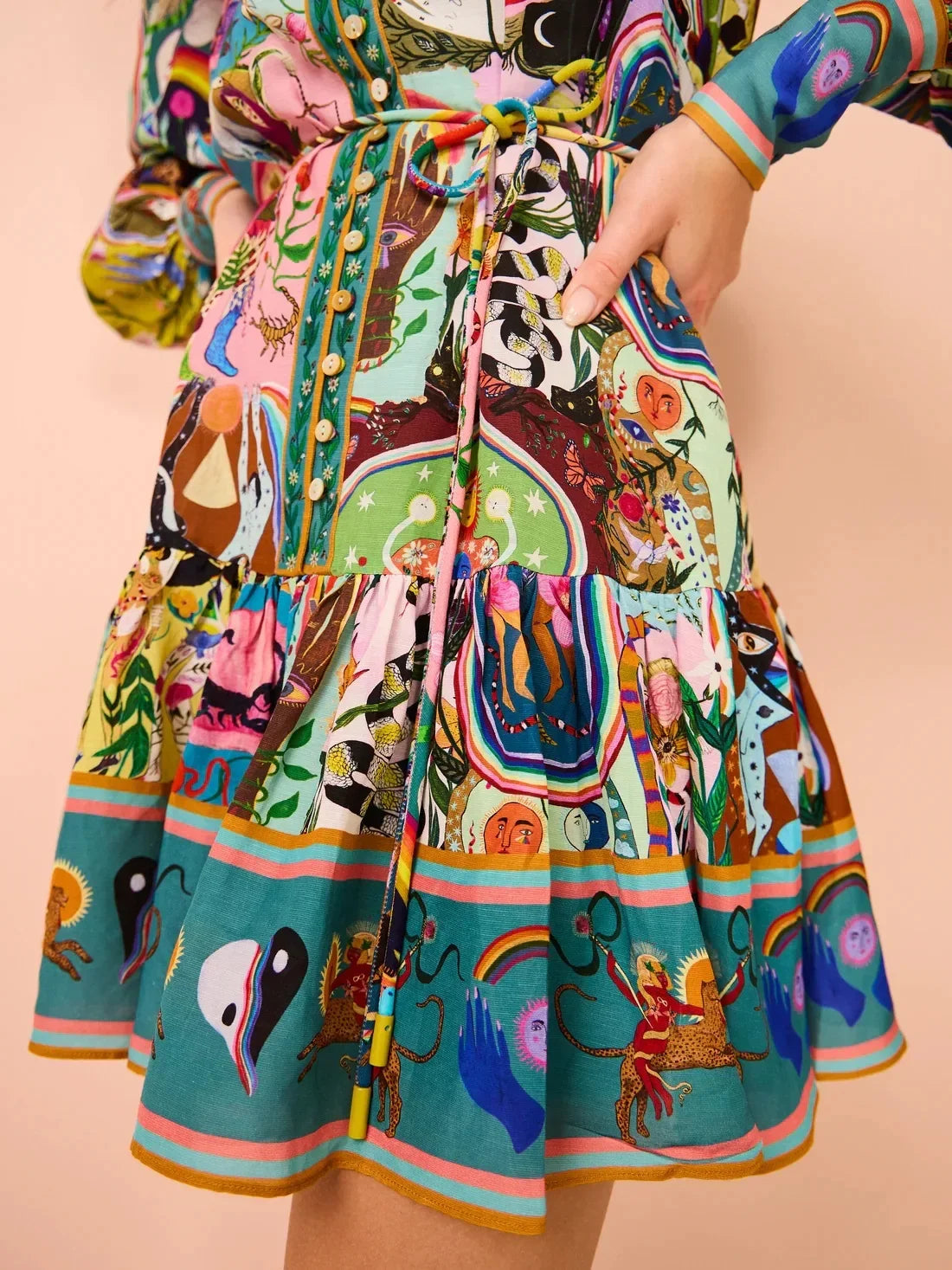 printed round neck cinched waist dress - Palm and Thread