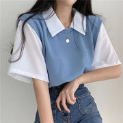 Academy Style Color Blocking Polo Collar Top - Palm and Thread