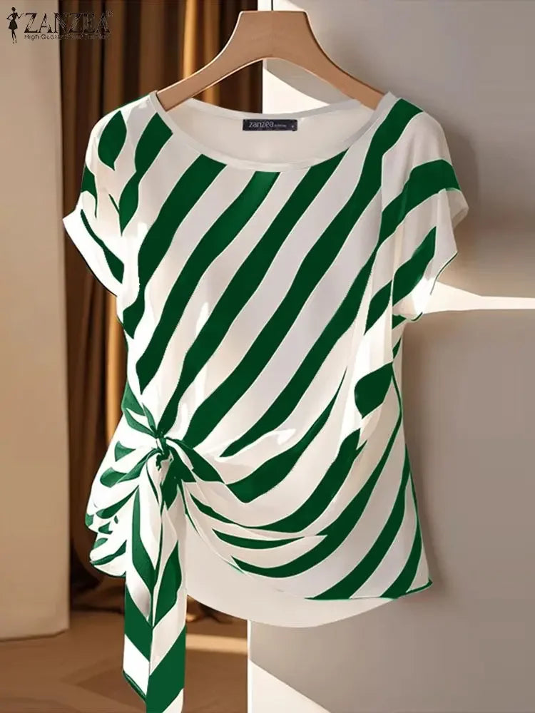 Striped Printed Loose Belted Tunic Top - Palm and Thread
