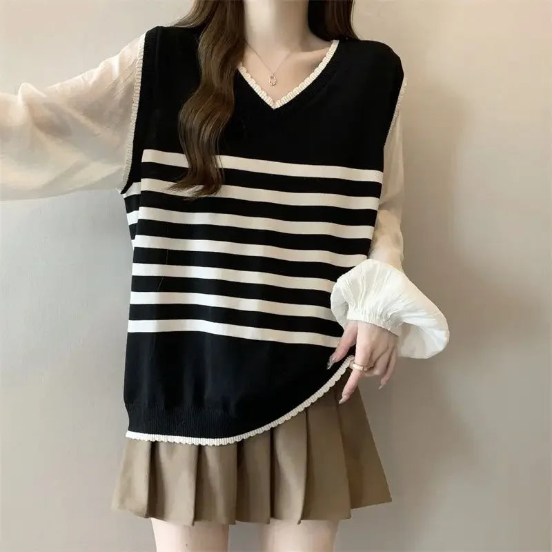 V-neck Fake Two-piece Striped Sweater - Palm and Thread
